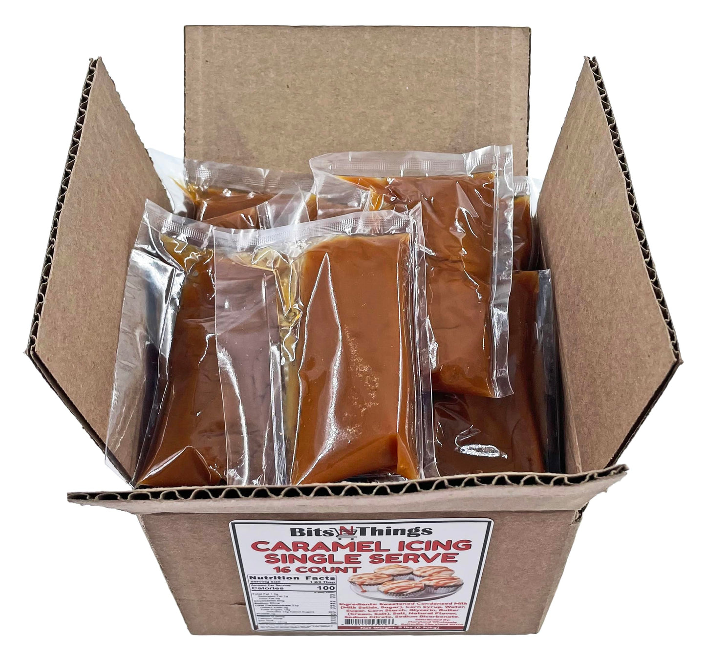 Bits N Things Caramel Icing 2 oz. Packet | Gluten Free & Kosher | Made in America | Dessert Topping & Decoration | 16 Count