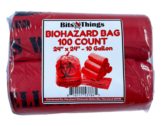 Bits N Things Red Isolation Infectious Waste Bag/Biohazard Bag High Density 12 Microns - 24"" x 24"" (10 Gallon) - 100 Count
