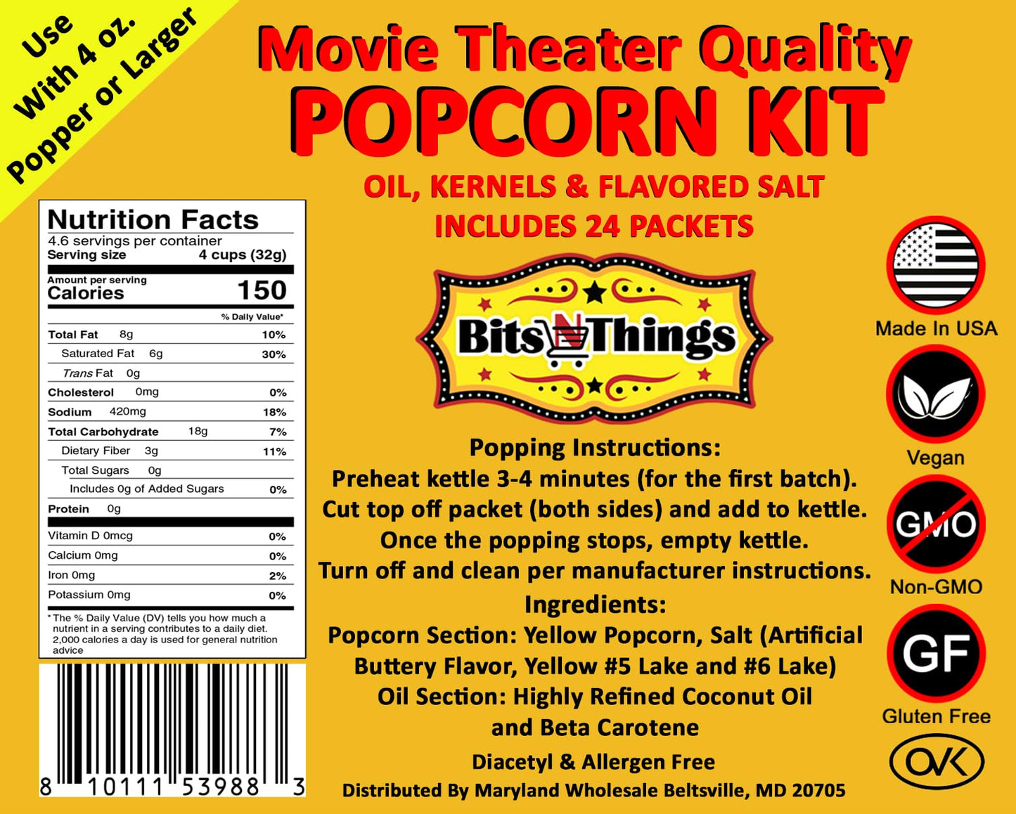 Home Theater All in One Popcorn Kit For 4 oz. Popper | Portion Packets with Kernels, Oil and Flavored Salt | By Bits N Things | Pack of 24