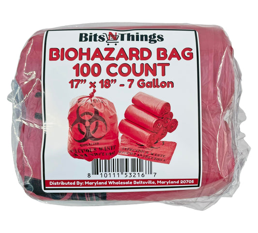 Bits N Things Infectious Biohazard Waste Bags Hazardous Trash Can Liners | Medical Grade No Leak Bags | Great for Lab Containers, Swabs, Pads, Gloves | (Red, 100 Count - 17" x 18" (7 Gallon))