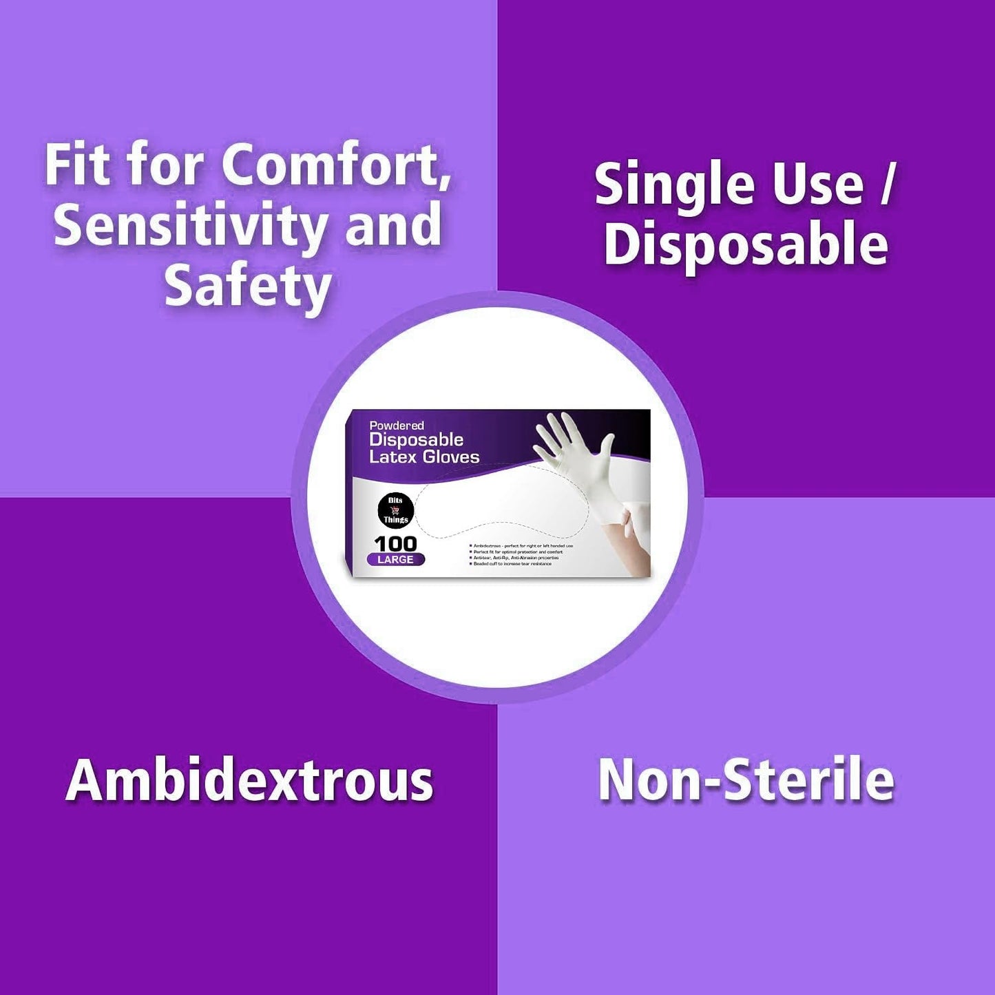Bits N Things Latex Disposable Gloves, Comfortable, Powdered, 100 per Box (Large)