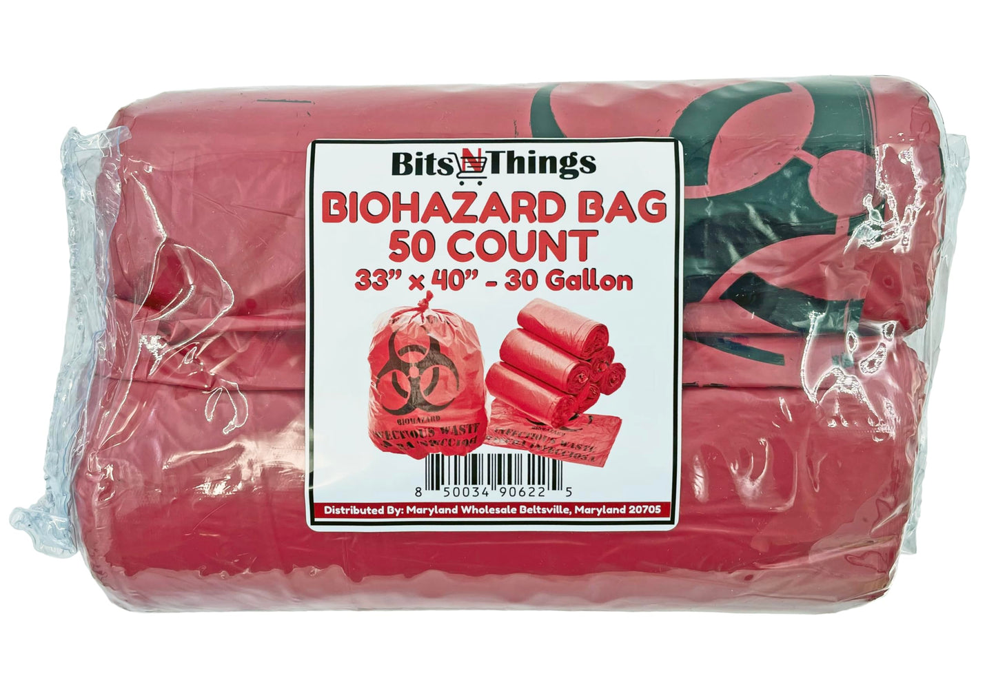 Bits N Things Infectious Biohazard Waste Bags Hazardous Trash Can Liners | Medical Grade No Leak Bags | Great for Lab Containers, Swabs, Pads, Gloves | (Red, 50 Count - 33" x 40" (30 Gallon))