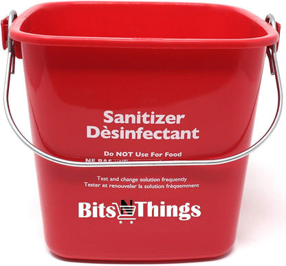 Bits N Things Cleaning Pails - Red Sanitizing (1), Green Detergent (1) 3 Quart,Cleaning Buckets, and QT-10 Quaternary Sanitizer Test Tape 15 feet Roll (1)