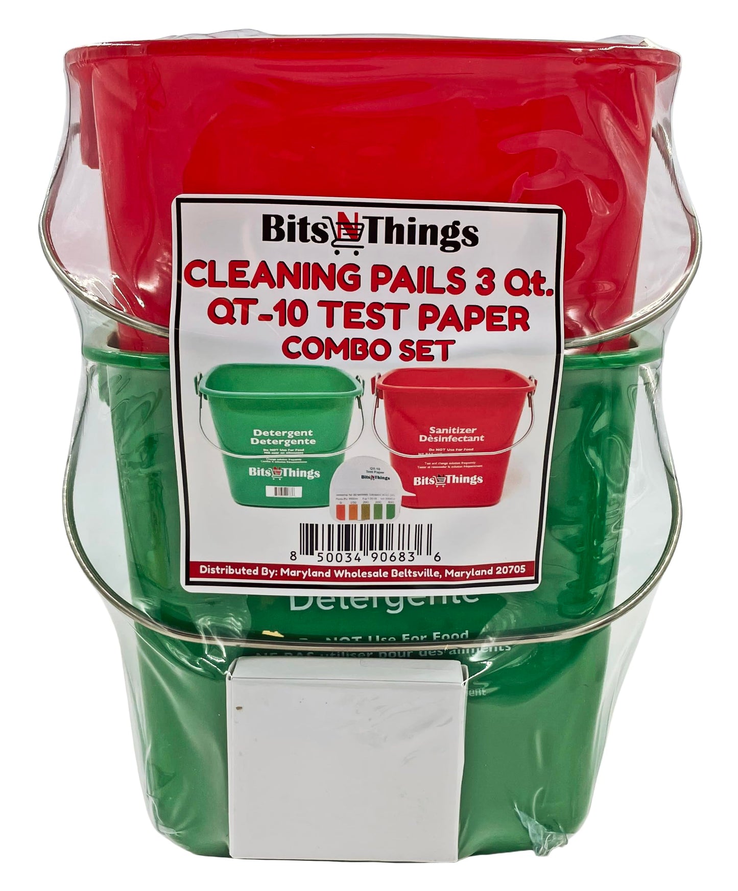 Bits N Things Cleaning Pails - Red Sanitizing (1), Green Detergent (1) 3 Quart,Cleaning Buckets, and QT-10 Quaternary Sanitizer Test Tape 15 feet Roll (1)