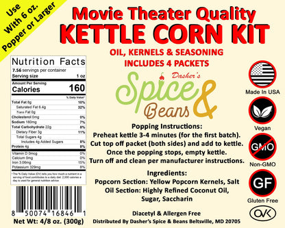 Home Theater All in One Kettle corn Kit For 6 oz. Popper | Portion Packets with Kernels, Oil and Seasoning | By Dasher's Spice & Beans | Pack of 4
