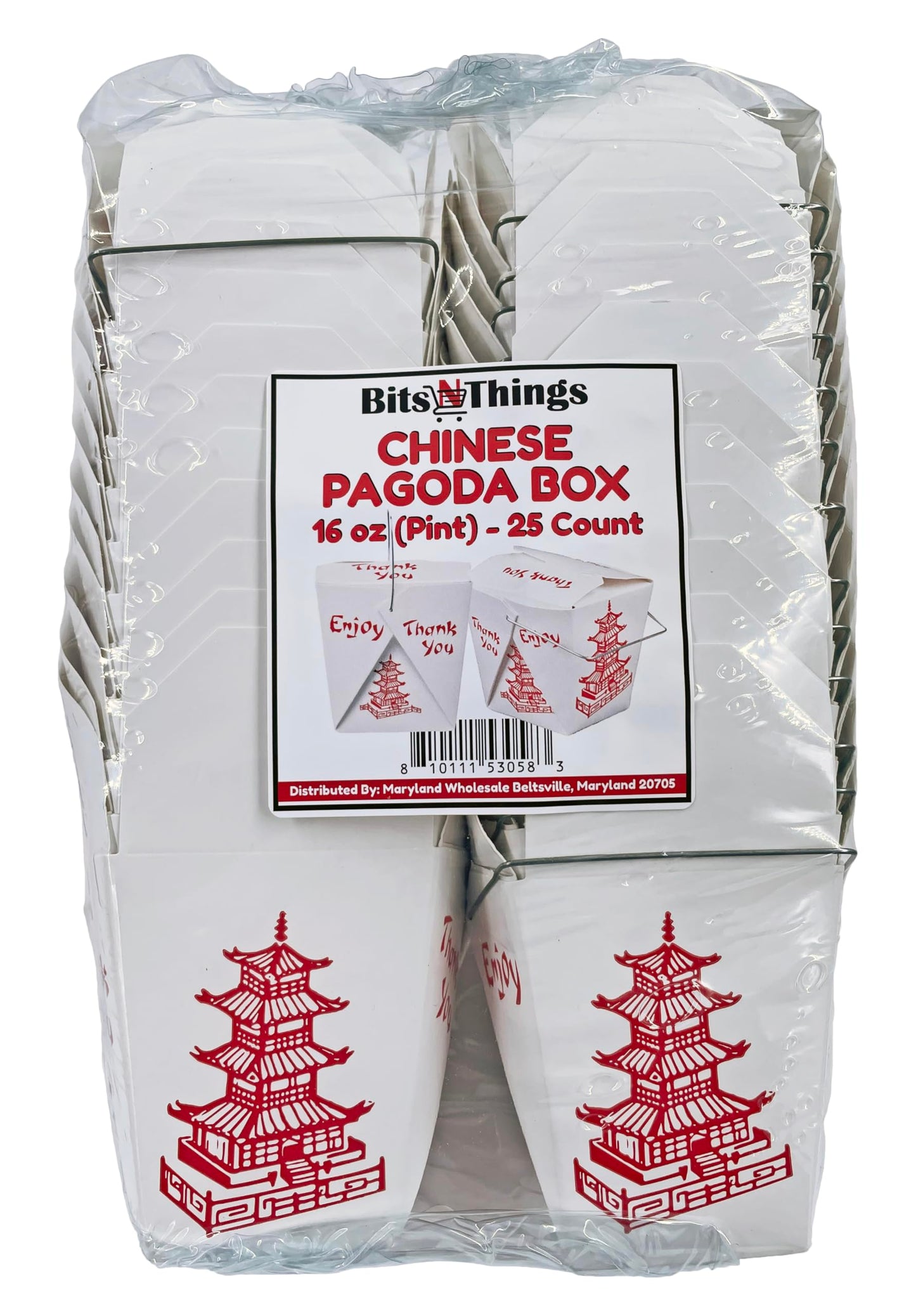 Bits N Things Pagoda Chinese Take Out Boxes with Wire Handle 16 Oz/Pint Size (25 Count)