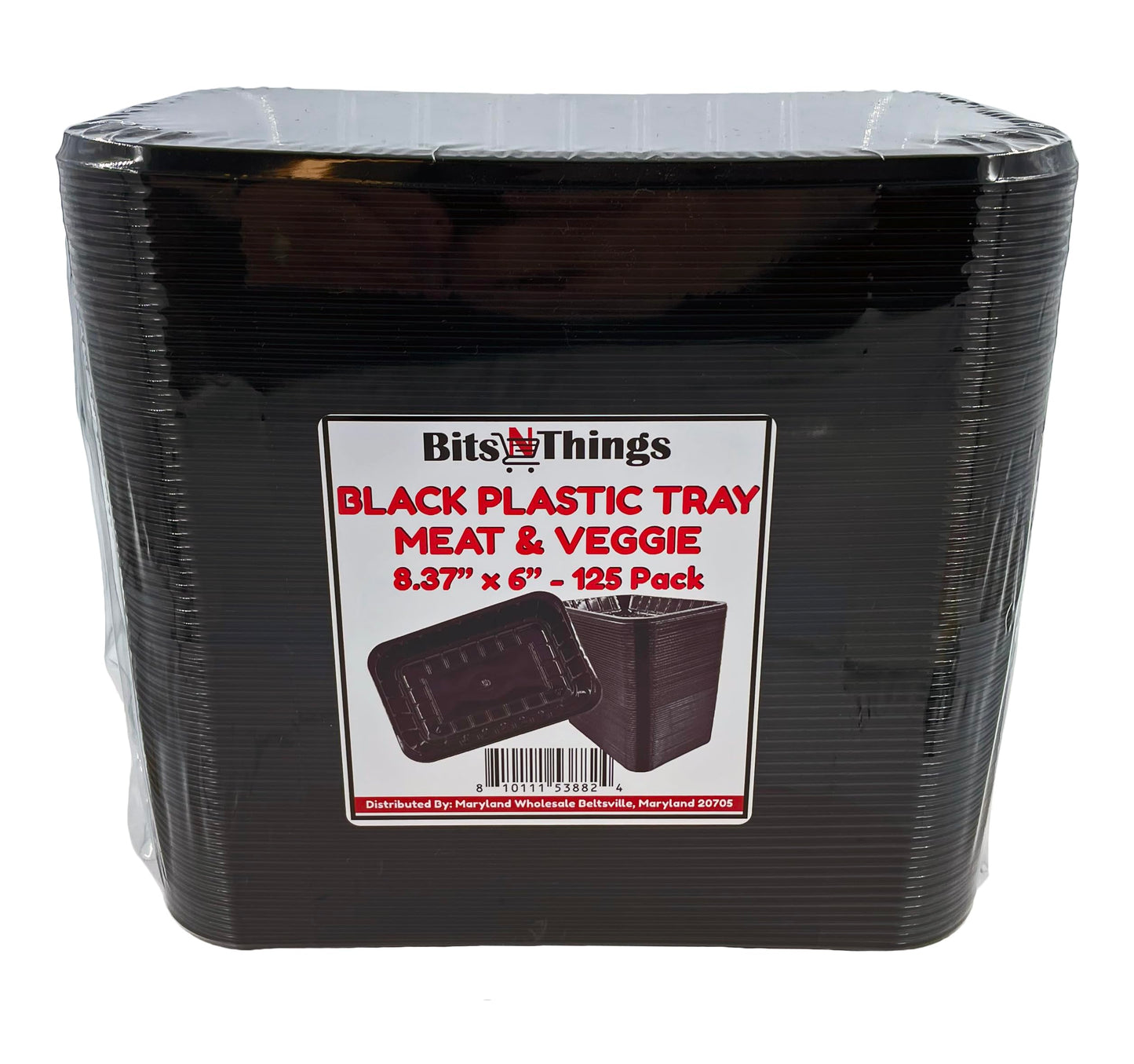 Bits N Things Plastic Tray | 6 x 8-3/8 x 1-1/8 | Display Fresh Meats, Vegetables, or Fruits | 125 Count (Black)