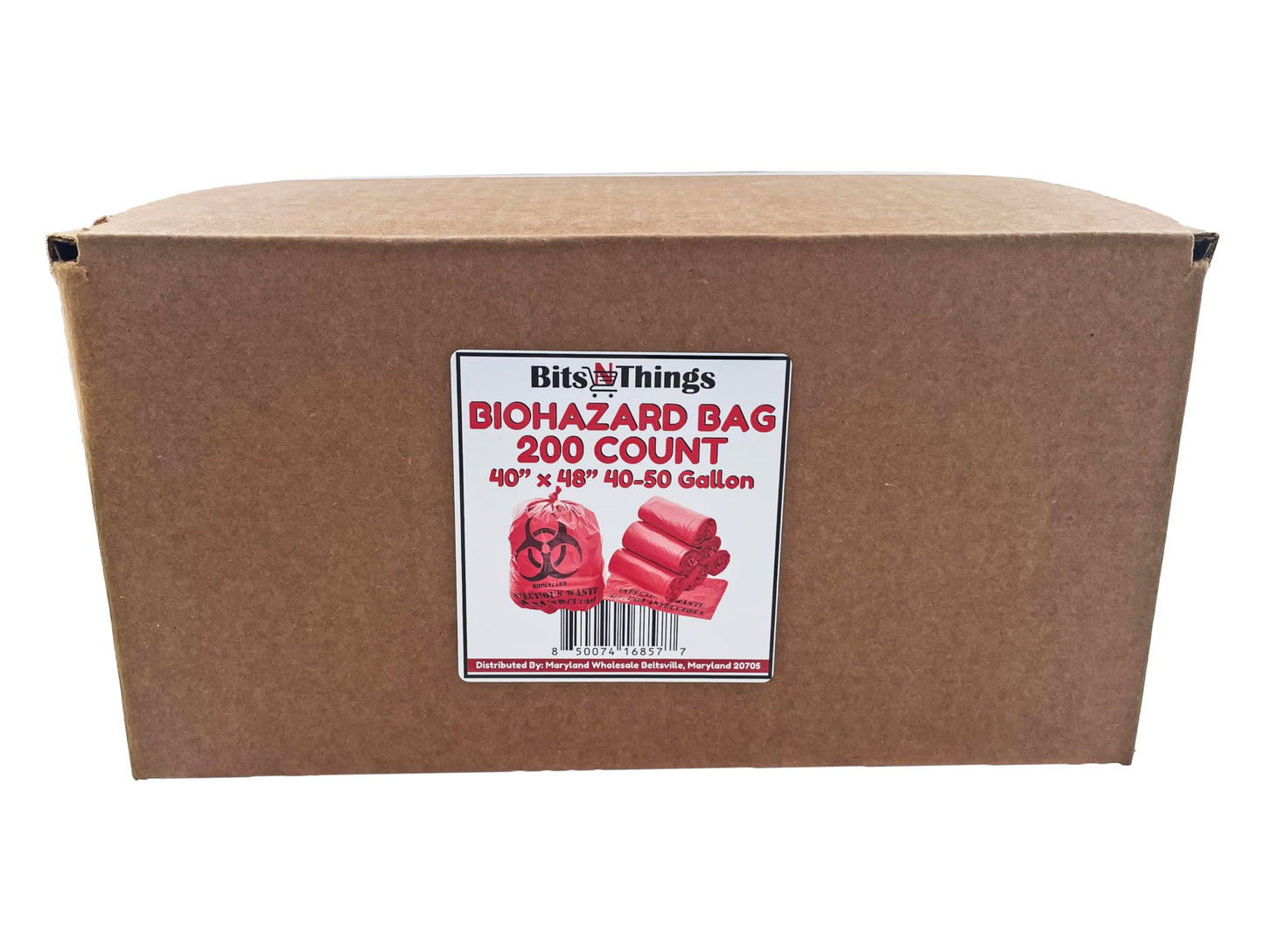Bits N Things Infectious Biohazard Red Waste Bags | Hazardous Trash Can Liners | Medical Grade No Leak Bags | Great for Lab Containers, Swabs, Pads, Gloves | (200 Count - 40" x 48" (40-50 Gallon))