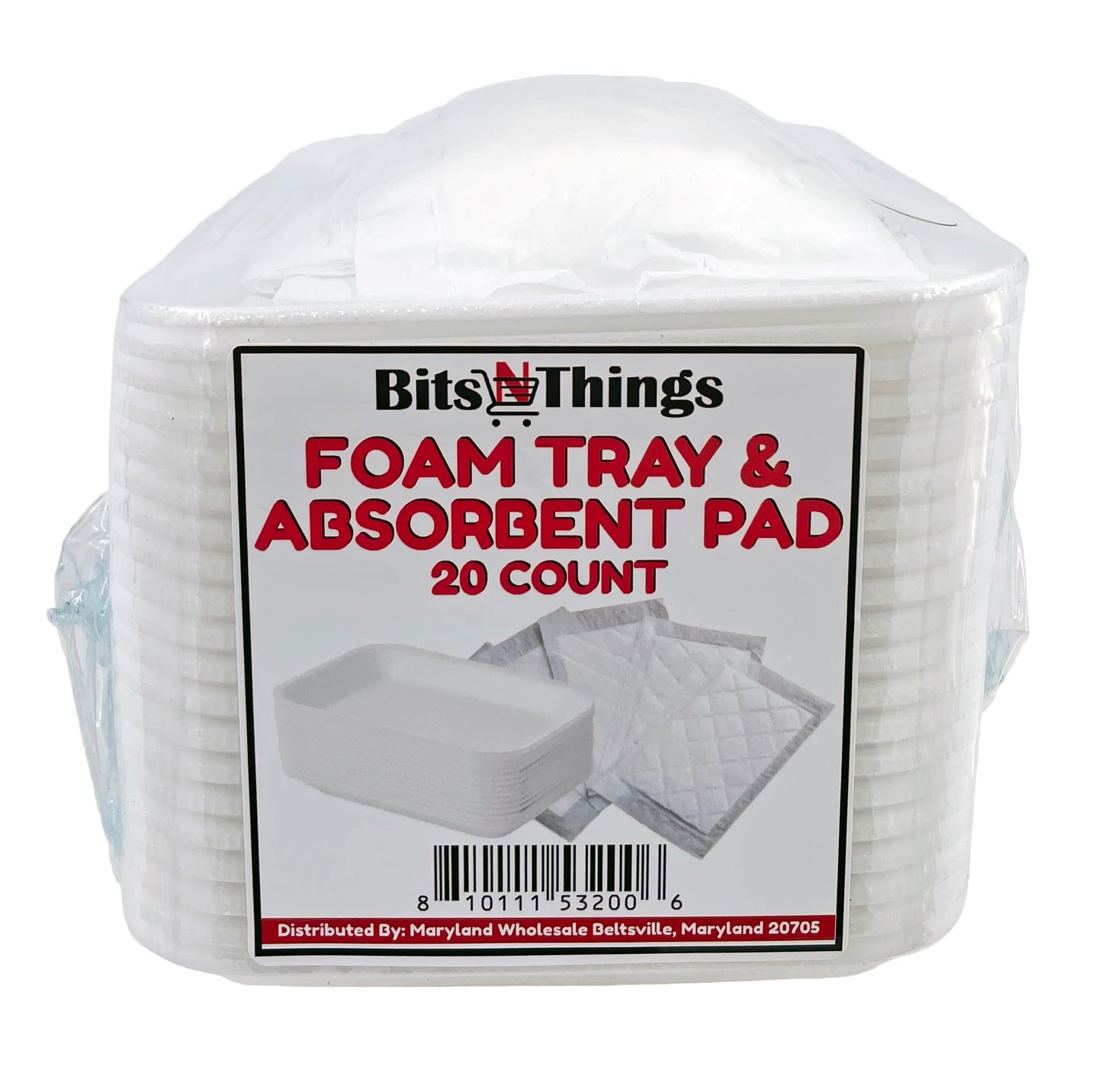 Bits N Things White Foam Trays with Absorbent Pads, Disposable Standard Supermarket Meat Poultry Frozen Food Trays - Pack of 20 (8.25" L x 5.75" W x 0.5" H)