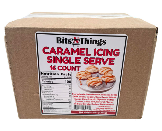 Bits N Things Caramel Icing 2 oz. Packet | Gluten Free & Kosher | Made in America | Dessert Topping & Decoration | 16 Count