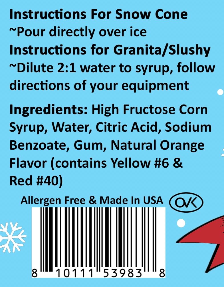 Bits N Things Orange Snow Cone Syrup | Slushy & Granita | Kosher | Made In America | 1 Gallon