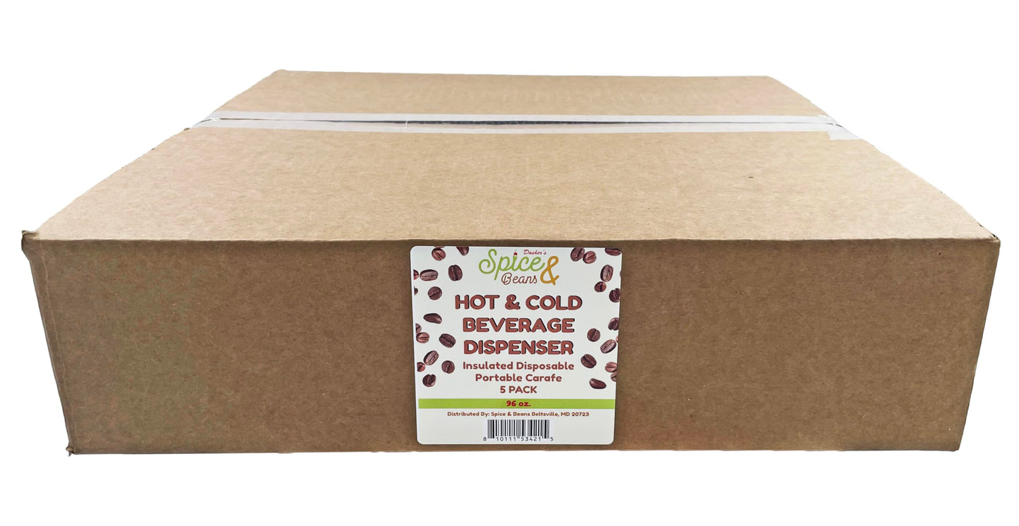 Disposable Coffee Dispenser, Insulated Hot/Cold Bulk Beverage Server Carafe, Box of Joe to Go 96 oz. - Pack of 5