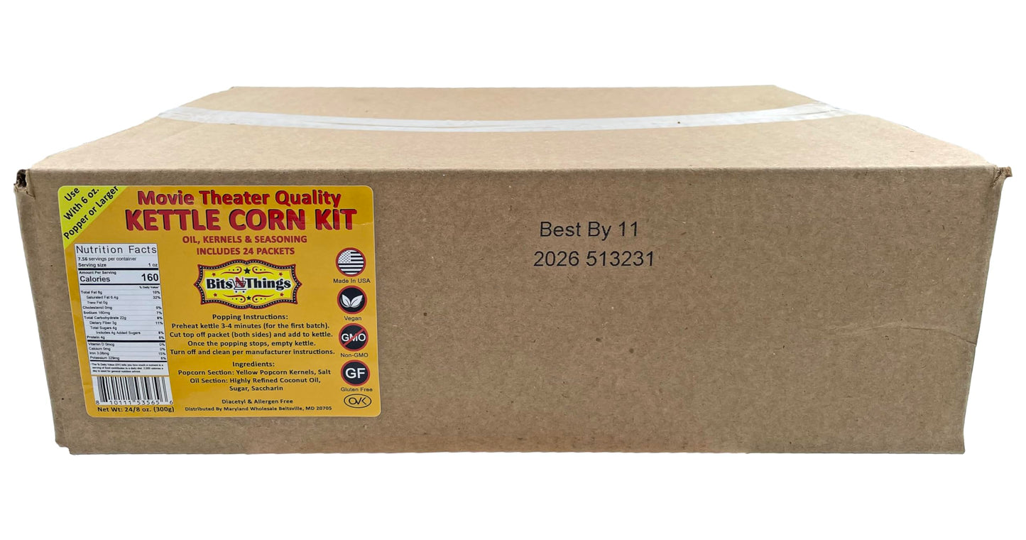 Home Theater All in One Kettle corn Kit For 6 oz. Popper | Portion Packets with Kernels, Oil and Seasoning | By Bits N Things | Pack of 24