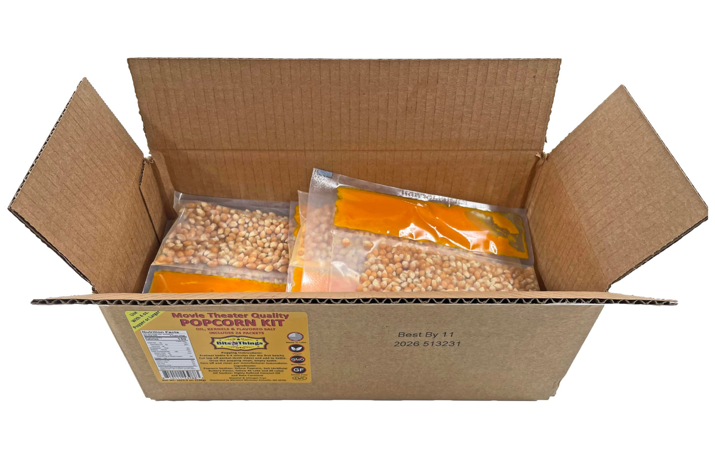 Home Theater All in One Popcorn Kit For 4 oz. Popper | Portion Packets with Kernels, Oil and Flavored Salt | By Bits N Things | Pack of 24