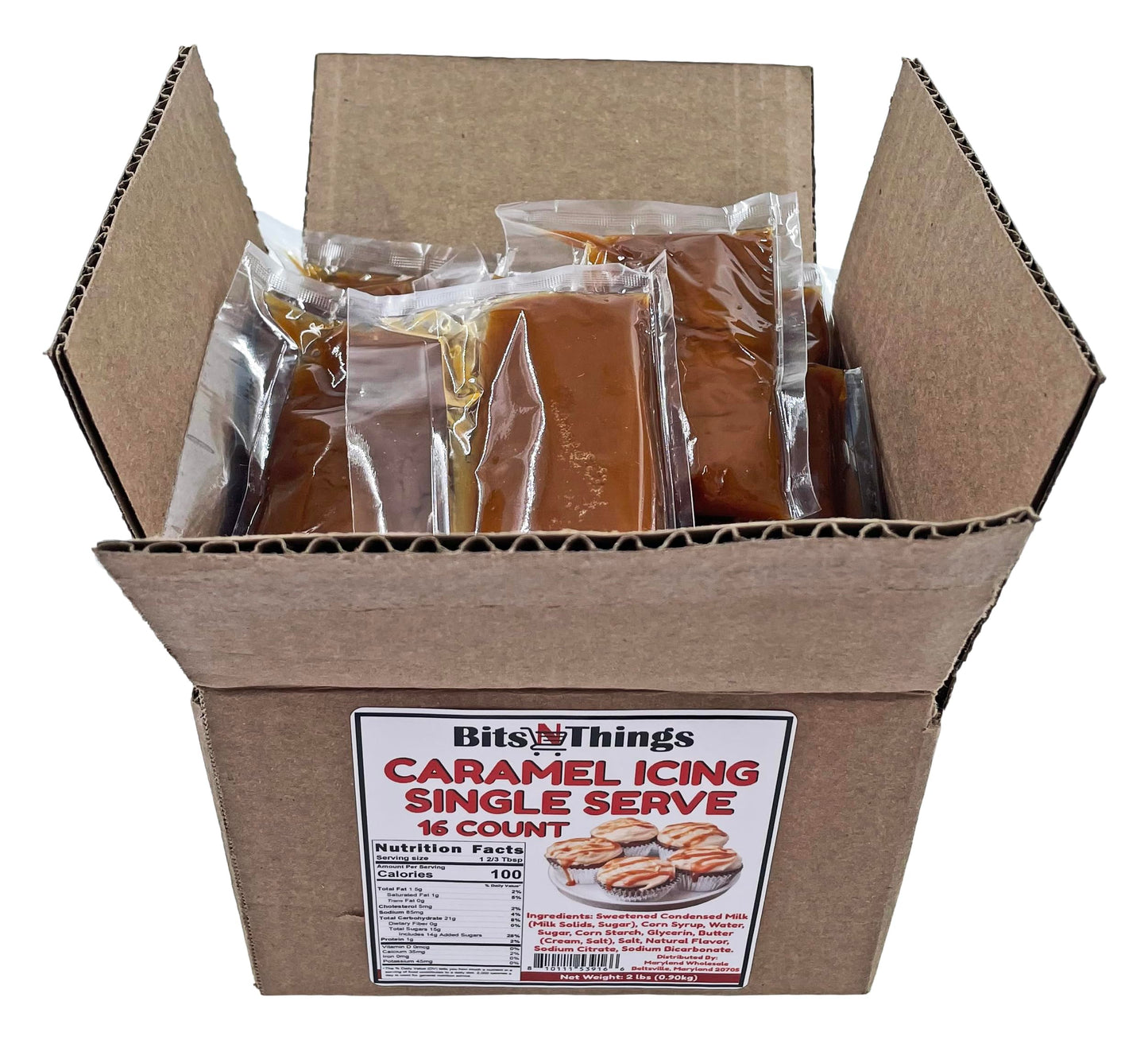 Bits N Things Caramel Icing 2 oz. Packet | Gluten Free & Kosher | Made in America | Dessert Topping & Decoration | 16 Count