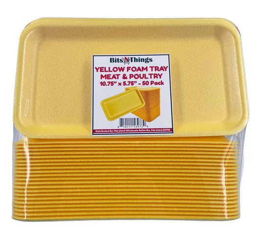 Bits N Things Foam Meat Trays | Disposable Standard Supermarket Meat Poultry Frozen Food Tray | Arts & Crafts | 50 Count (Yellow)