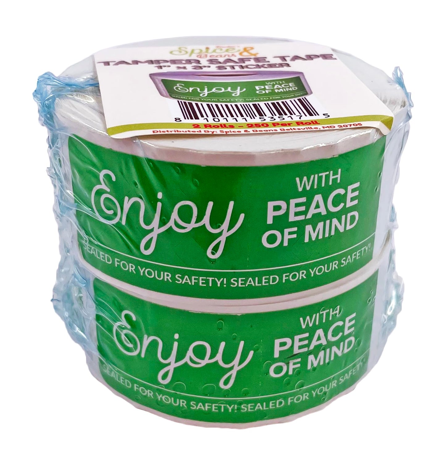 Tamper Safe Tape by Dasher's Spice & Beans | Tamper Evident Sealed for Freshness Labels | Adhesive Green Stickers 1 x 3 inches - 500 Count (Pack of 2/250ct Rolls)