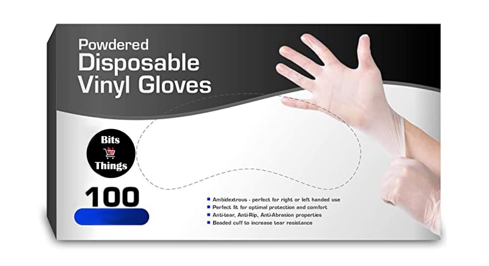 Bits N Things Disposable Vinyl Gloves, Comfortable, Powdered, Latex-Free, 100 Count (Large | LRG)