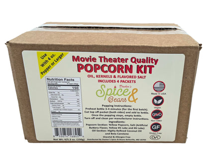 Home Theater All in One Popcorn Kit | Portion Packets with Kernels, Oil and Flavored Salt | By Dasher's Spice & Beans | Pack of 4