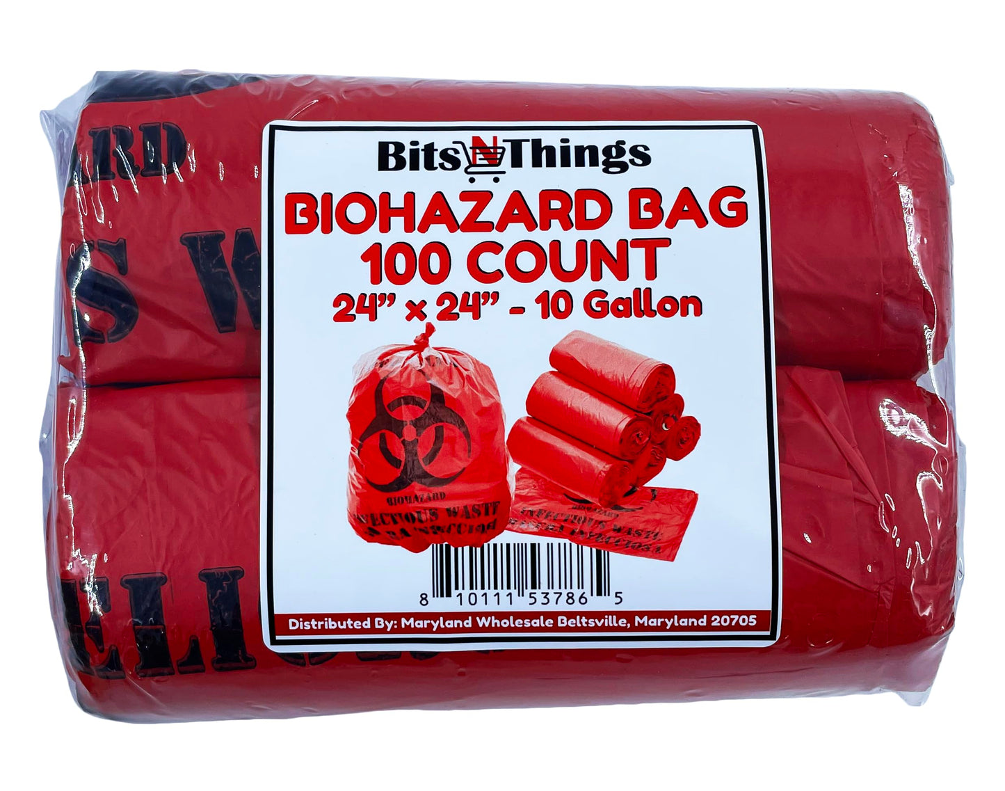 Bits N Things Red Isolation Infectious Waste Bag/Biohazard Bag High Density 12 Microns - 24"" x 24"" (10 Gallon) - 100 Count