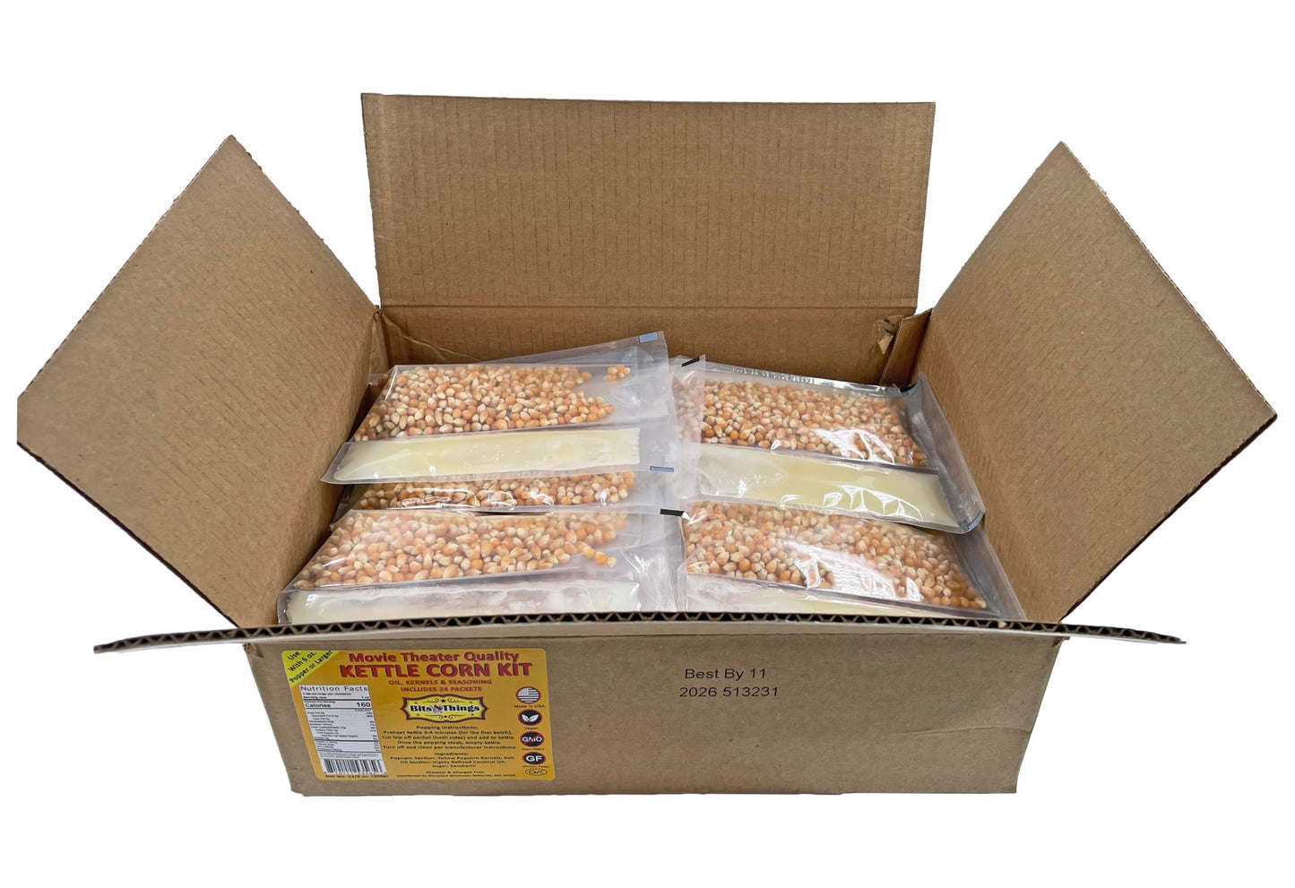 Home Theater All in One Kettle corn Kit For 6 oz. Popper | Portion Packets with Kernels, Oil and Seasoning | By Bits N Things | Pack of 24