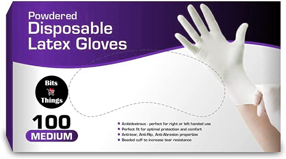 Bits N Things Latex Disposable Gloves, Comfortable, Powdered, 100 per Box (Medium)