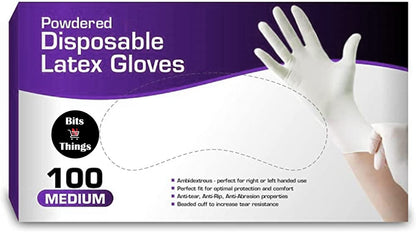 Bits N Things Latex Disposable Gloves, Comfortable, Powdered, 100 per Box (Medium)