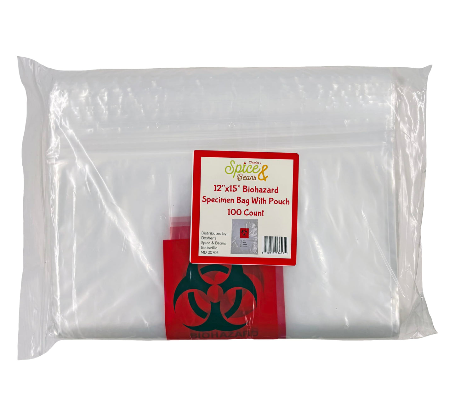 Biohazard Specimen Bag By Dasher's Spice & Beans | 12"x15" Zip Top | with Pouch for Paperwork | 100 ct