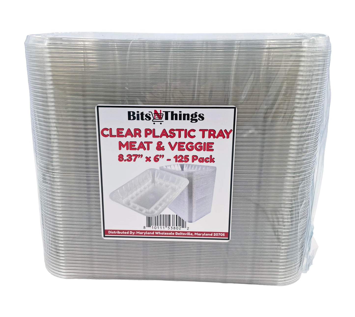 Bits N Things Clear Plastic Tray | 6 x 8-3/8 x 1-1/8 | Display Fresh Meats, Vegetables, or Fruits | 125 Count