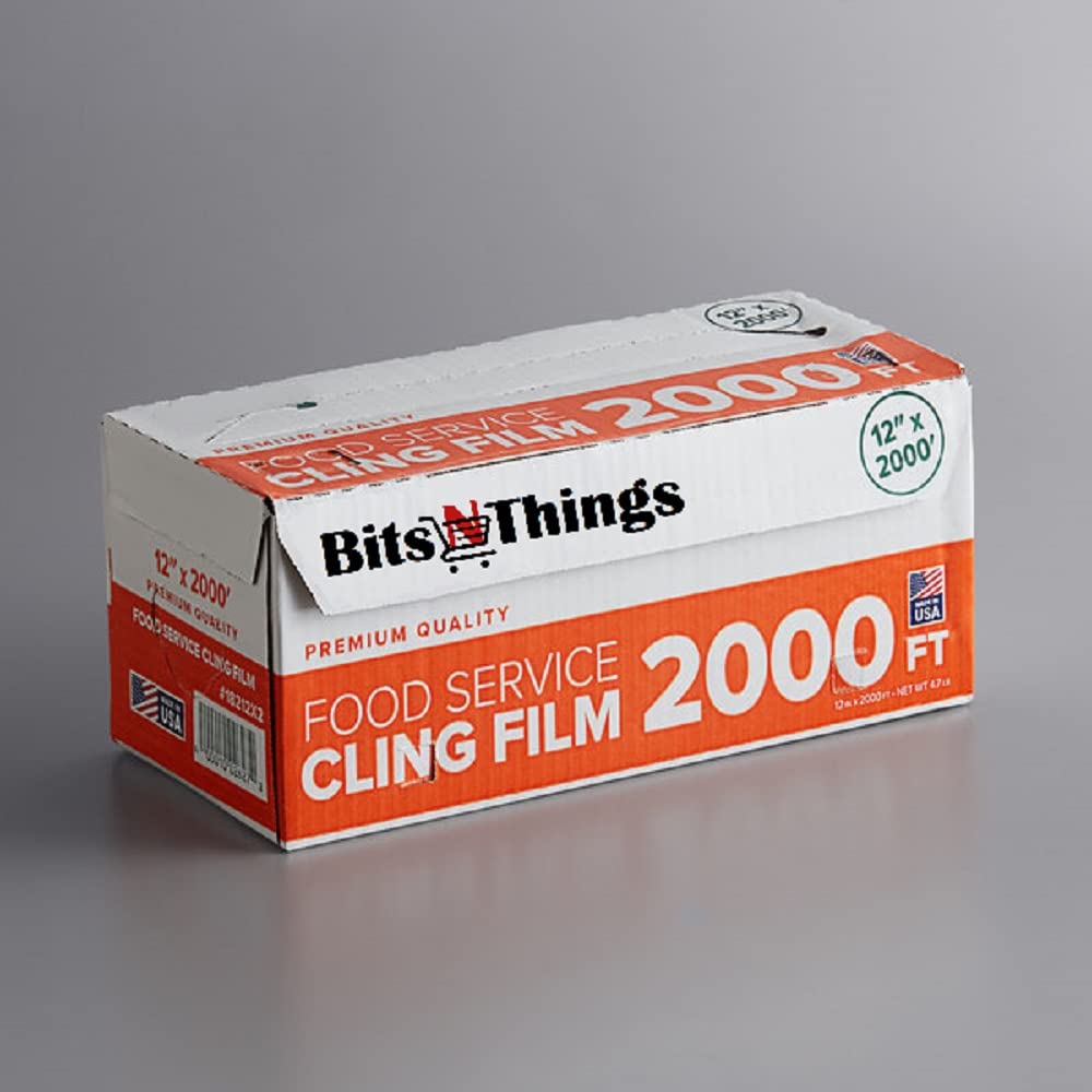 Bits N Things Plastic Food Film Seal Wrap in Cutter Dispenser, Stretch Tight, Food Service Grade, 12" x 2000' Square Feet Roll