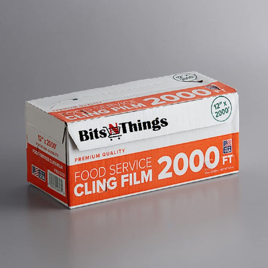 Bits N Things Plastic Food Film Seal Wrap in Cutter Dispenser, Stretch Tight, Food Service Grade, 12" x 2000' Square Feet Roll