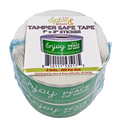 Tamper Safe Tape by Dasher's Spice & Beans | Tamper Evident Sealed for Freshness Labels | Adhesive Green Stickers 1 x 3 inches - 500 Count (Pack of 2/250ct Rolls)