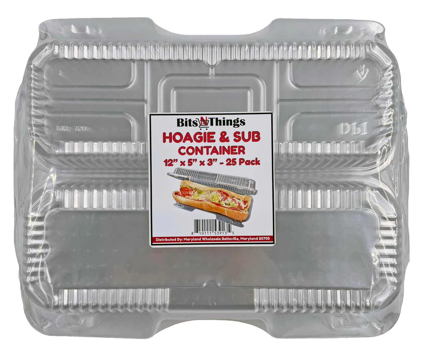 Bits N Things Hoagie Sub Container | Clear & Hinged | 12" x 5" x 3" | Made in USA | 25 Count