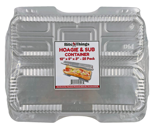 Bits N Things Hoagie Sub Container | Clear & Hinged | 12" x 5" x 3" | Made in USA | 25 Count