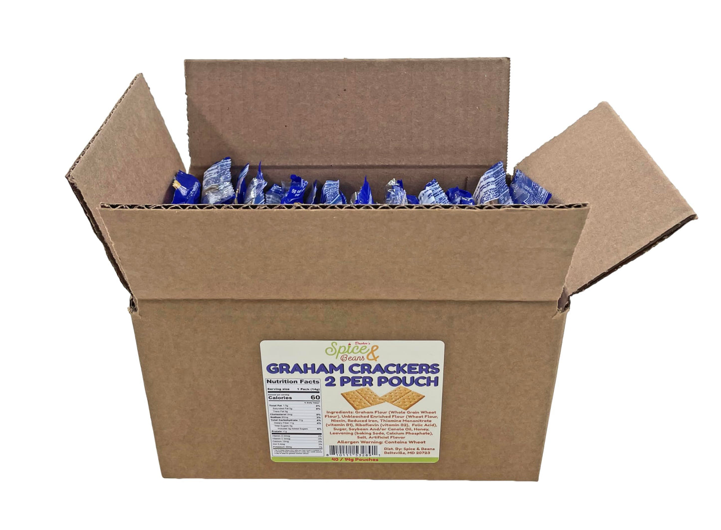 Graham Crackers, Portion Packaged in Twin Packs (40/2packs, 80 crackers total), by Dasher's Spice & Beans