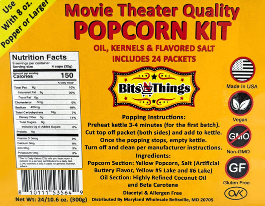 Home Theater All in One Popcorn Kit For 8 oz. Popper | Portion Packets with Kernels, Oil and Flavored Salt | By Bits N Things | Pack of 24