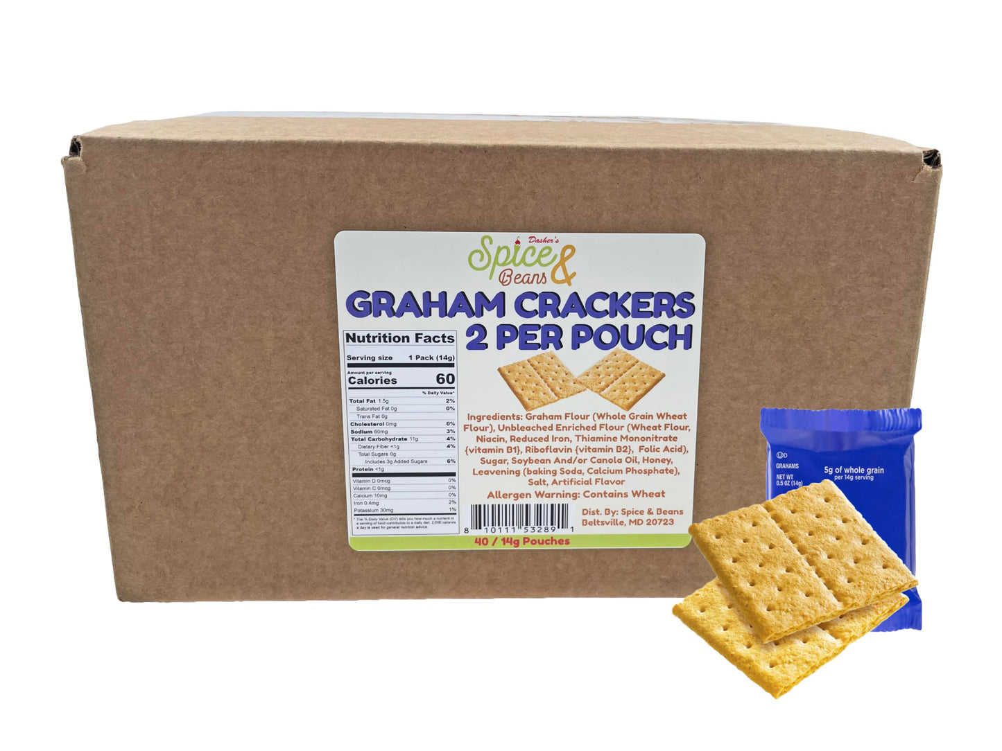 Graham Crackers, Portion Packaged in Twin Packs (40/2packs, 80 crackers total), by Dasher's Spice & Beans