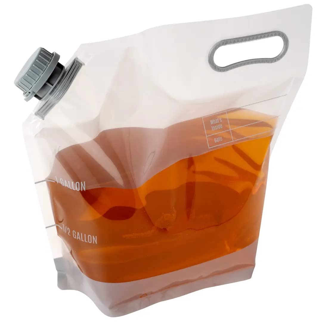 Bits N Things Water & Beverage Container 1/2 Gallon | Collapsible, Tamper-Evident Cap, Clear Plastic Beverage Bag | For Events, Camping, or Hiking, Durable Handle | Pack of 5