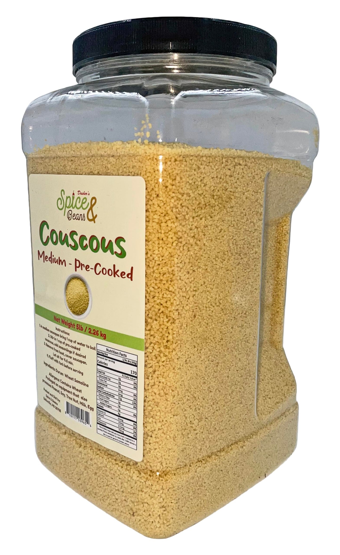 Medium Pre-cooked Couscous | Non-GMO | by Dasher's Spice & Beans | 5 lb. Container