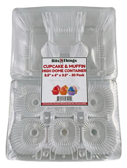 Bits N Things Cupcake/Muffin Container | 6 Compartment | Hinged High Dome | BPA Free | OPS Plastic | 30 Count