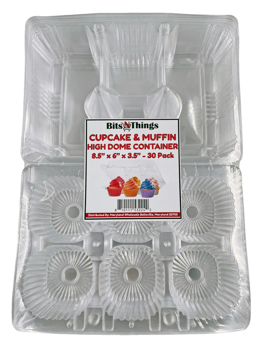 Bits N Things Cupcake/Muffin Container | 6 Compartment | Hinged High Dome | BPA Free | OPS Plastic | 30 Count