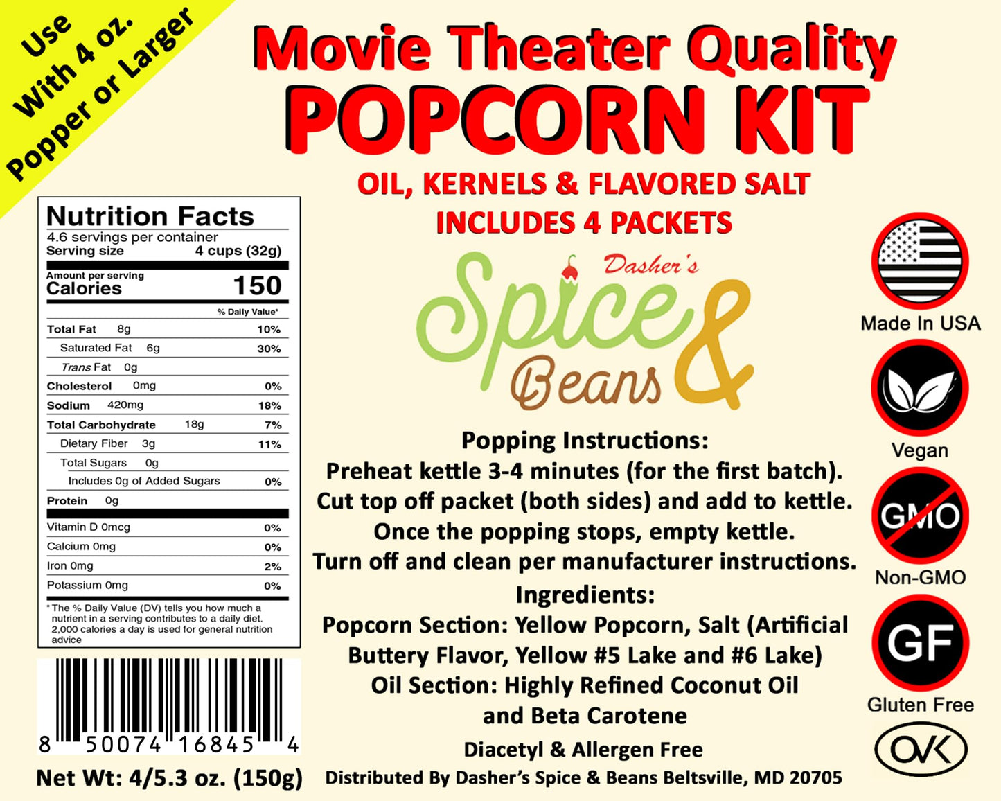 Home Theater All in One Popcorn Kit | Portion Packets with Kernels, Oil and Flavored Salt | By Dasher's Spice & Beans | Pack of 4