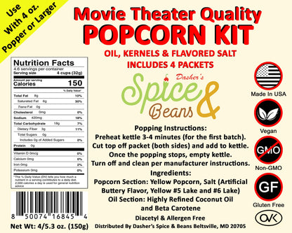 Home Theater All in One Popcorn Kit | Portion Packets with Kernels, Oil and Flavored Salt | By Dasher's Spice & Beans | Pack of 4