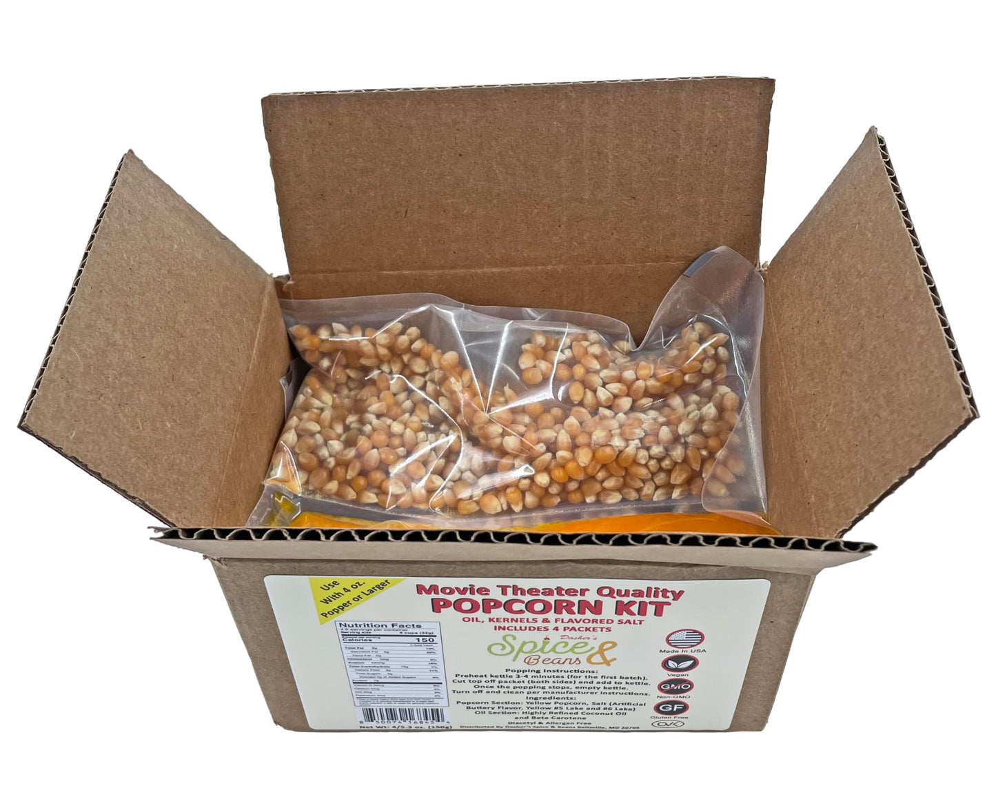 Home Theater All in One Popcorn Kit | Portion Packets with Kernels, Oil and Flavored Salt | By Dasher's Spice & Beans | Pack of 4