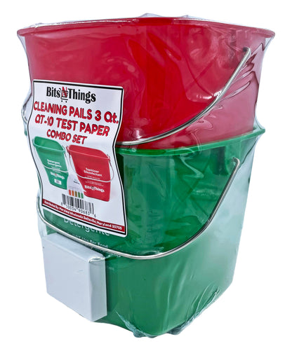 Bits N Things Cleaning Pails - Red Sanitizing (1), Green Detergent (1) 3 Quart,Cleaning Buckets, and QT-10 Quaternary Sanitizer Test Tape 15 feet Roll (1)