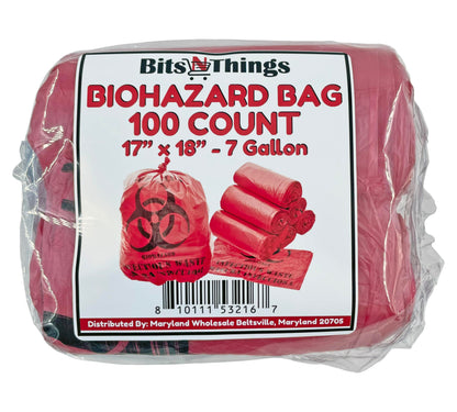 Bits N Things Infectious Biohazard Waste Bags Hazardous Trash Can Liners | Medical Grade No Leak Bags | Great for Lab Containers, Swabs, Pads, Gloves | (Red, 100 Count - 17" x 18" (7 Gallon))