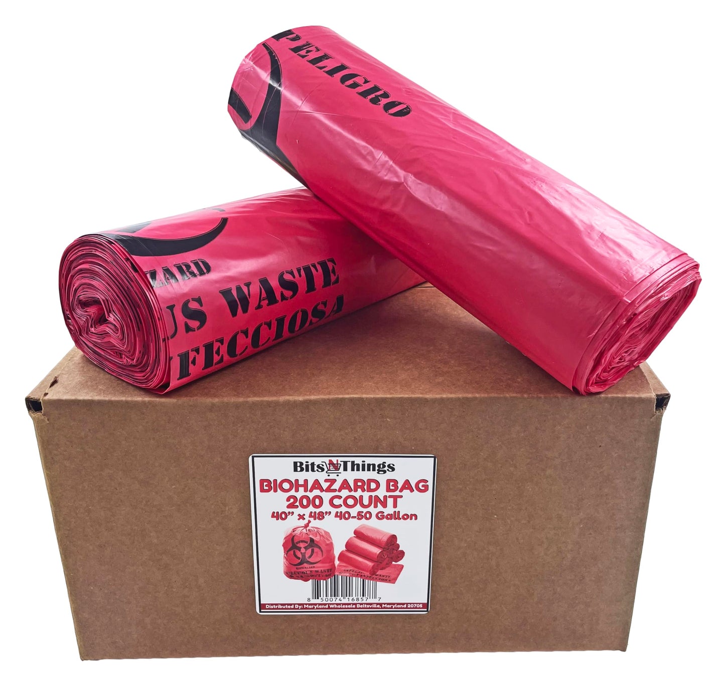 Bits N Things Infectious Biohazard Red Waste Bags | Hazardous Trash Can Liners | Medical Grade No Leak Bags | Great for Lab Containers, Swabs, Pads, Gloves | (200 Count - 40" x 48" (40-50 Gallon))