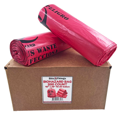 Bits N Things Infectious Biohazard Red Waste Bags | Hazardous Trash Can Liners | Medical Grade No Leak Bags | Great for Lab Containers, Swabs, Pads, Gloves | (200 Count - 40" x 48" (40-50 Gallon))