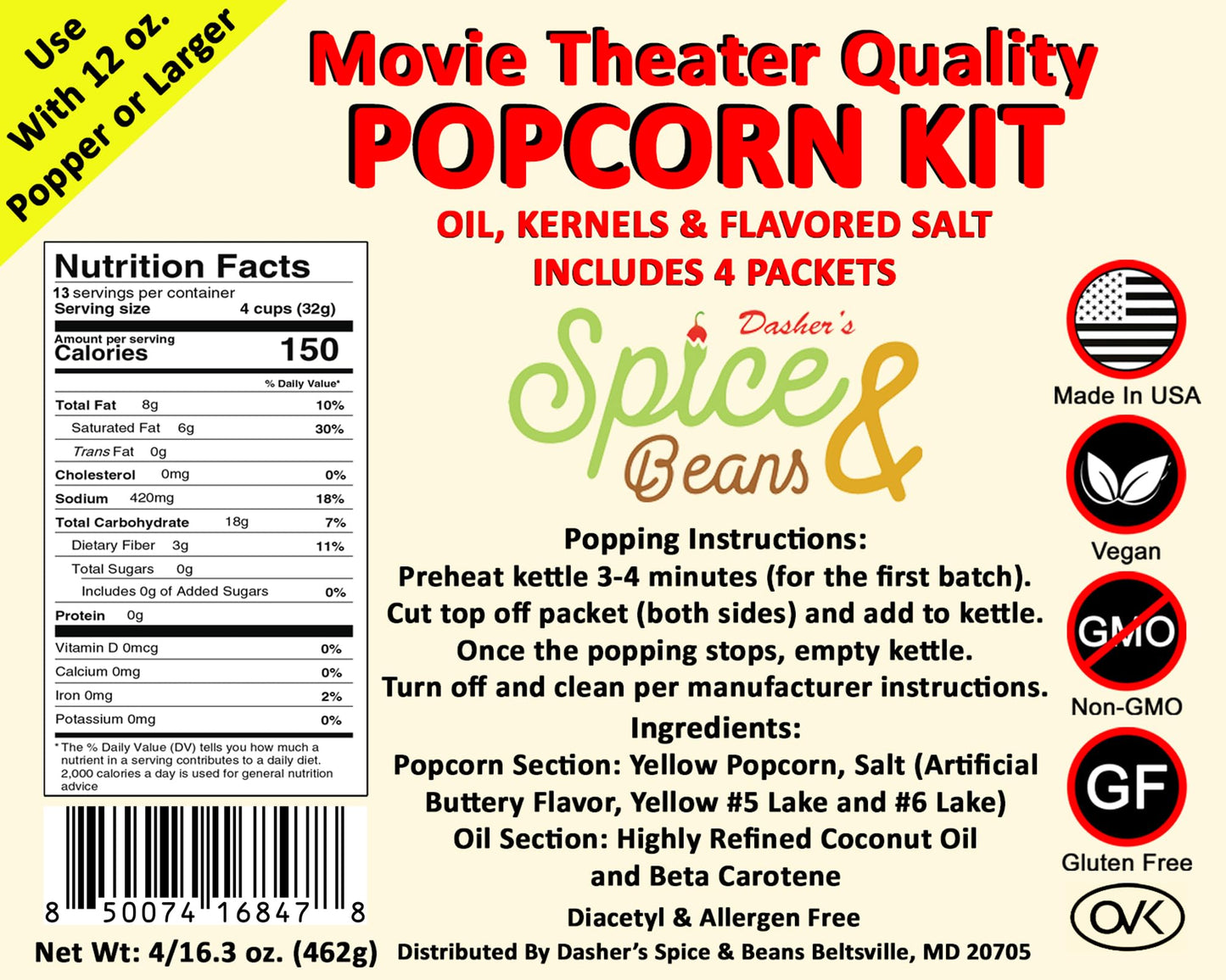 Home Theater All in One Popcorn Kit | Portion Packets with Kernels, Oil and Flavored Salt | By Dasher's Spice & Beans | Pack of 4