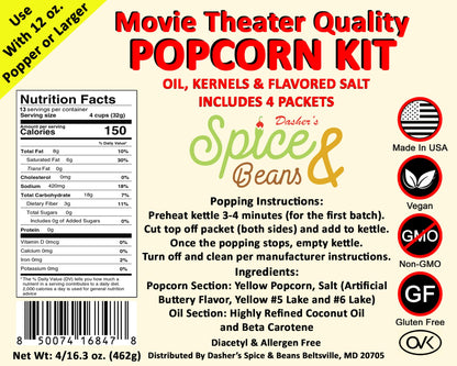 Home Theater All in One Popcorn Kit | Portion Packets with Kernels, Oil and Flavored Salt | By Dasher's Spice & Beans | Pack of 4